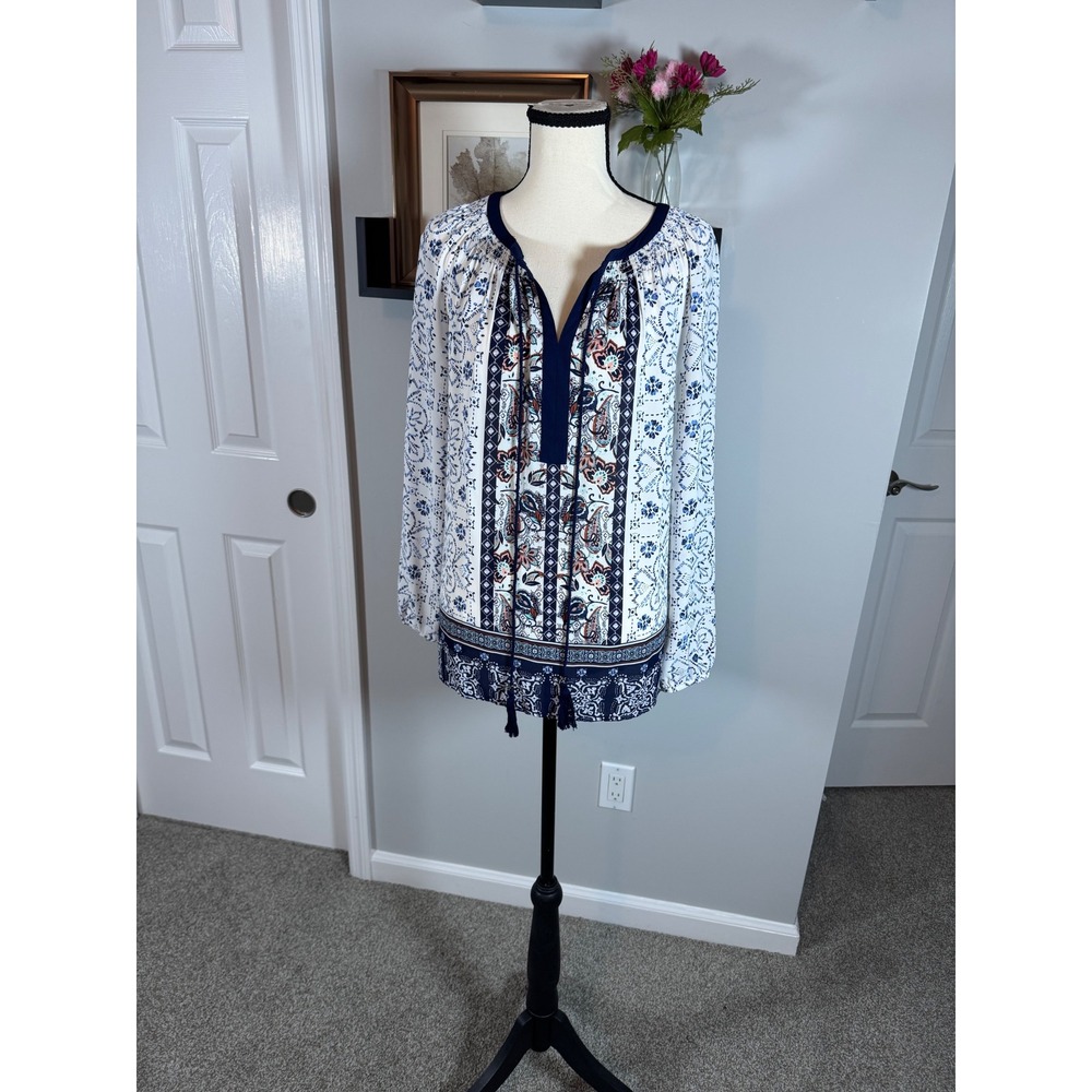 DR2 by Daniel Rainn Boho Peasant Blue White Paisley Hippie Blouse Sz Large